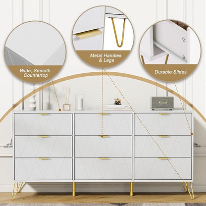 Anbuy Bedroom Sets 3 Pieces White Modern Nightstands and 9 Drawer Dresser Sets Bedside Table Set Bedroom Set 3 Pcs White
