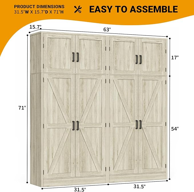Unikito 71” Farmhouse Kitchen Pantry Cabinet, Large Storage Cabinet with Adjustable Shelves and Barn Doors, Versatile Tall Storage Cupboard for Dinning Room, Bathroom, Living Room, Wash Gray, 2 Pack
