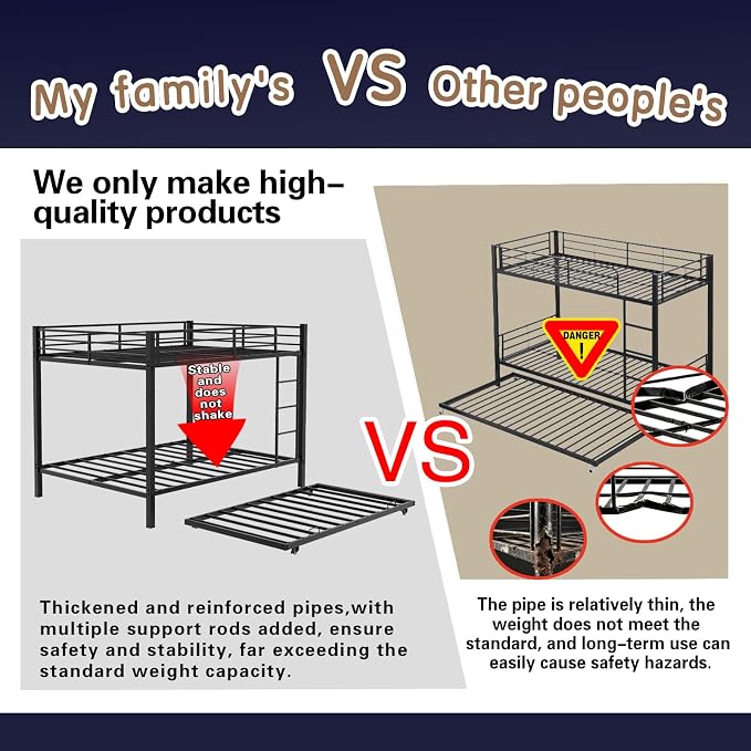 Metal Bunk Bed with Trundle, Space-Saving Bunk Bed Full Over Full with Ladders and Safety Guardrail, Heavy Duty Full Bed Frames, No Box Spring Needed and Noise Free(Black)