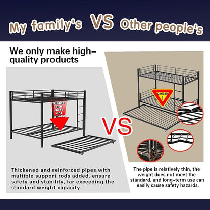 Metal Bunk Bed with Trundle, Space-Saving Bunk Bed Full Over Full with Ladders and Safety Guardrail, Heavy Duty Full Bed Frames, No Box Spring Needed and Noise Free(Black)