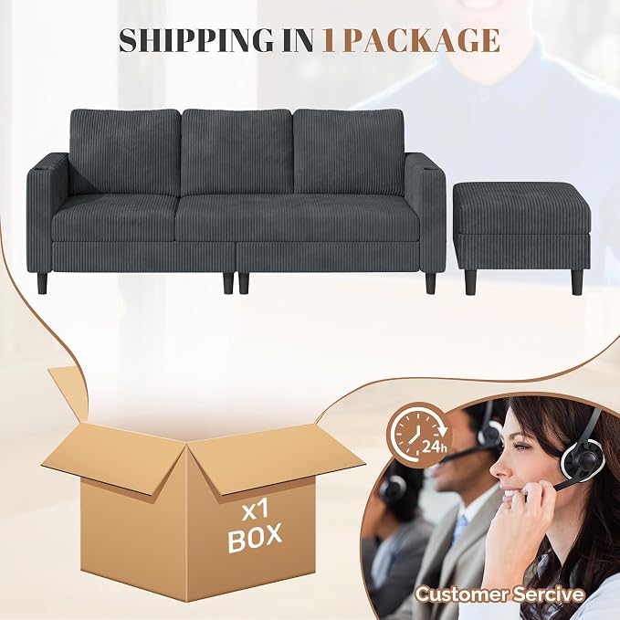 Luxanimarion Upholstered Sectional Sofa and Couches, 78'' L Shaped 3-seat Sofa forLiving Room, Apartment,Lounge,Bedroom-Washable Covers Convertible Sofas(Corduroy Fabric,Dark Gary)