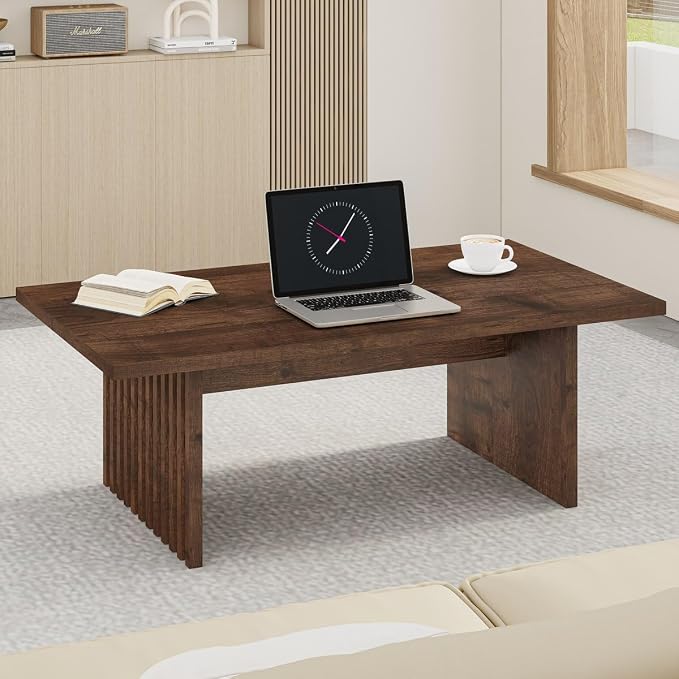 BON AUGURE 47 Inch Coffee Table, Fluted Side Panels Coffee Tables for Living Room, Large Wooden Tabletop Center Table, Farmhouse Living Room Tables for Lounge, Office, Rustic Oak