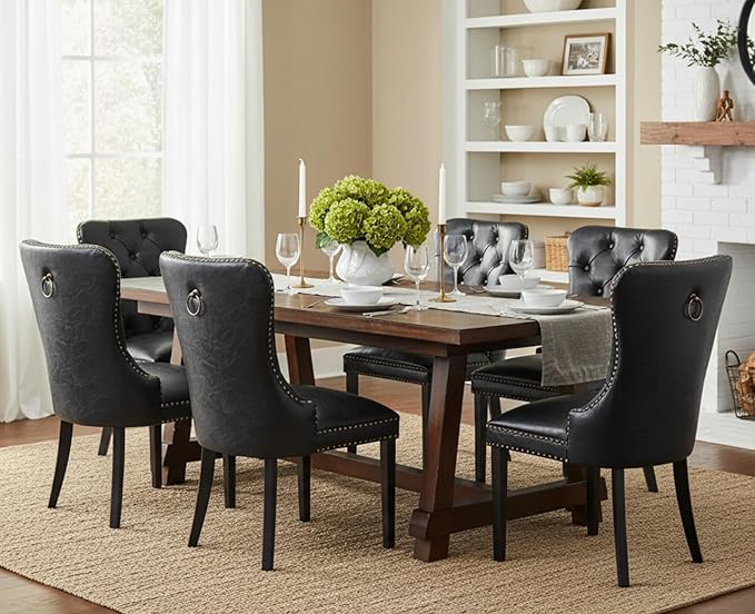 CIMOTA Black Leather Dining Chairs Set of 8 Mid Century Modern Dining Room Chairs Tufted Upholstered Kitchen Dining Chairs Comfortable Side Chairs with Nailhead Trim/Ring Back (PU /8PCS)