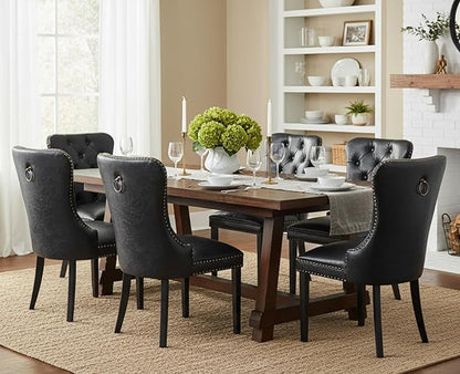 CIMOTA Black Leather Dining Chairs Set of 8 Mid Century Modern Dining Room Chairs Tufted Upholstered Kitchen Dining Chairs Comfortable Side Chairs with Nailhead Trim/Ring Back (PU /8PCS)