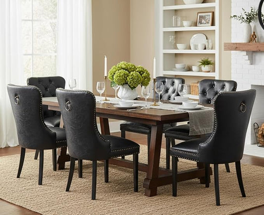 CIMOTA Black Leather Dining Chairs Set of 6 Mid Century Modern Dining Room Chairs Tufted Upholstered Kitchen Dining Chairs Comfortable Side Chairs with Nailhead Trim/Ring Back (PU /6PCS)