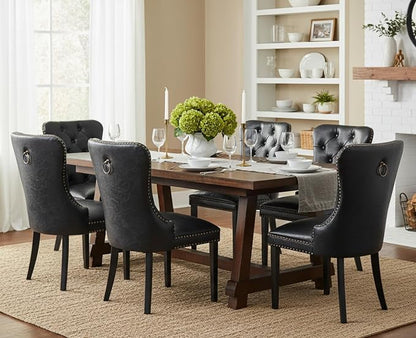 CIMOTA Black Leather Dining Chairs Set of 4 Mid Century Modern Dining Room Chairs Tufted Upholstered Kitchen Dining Chairs Comfortable Side Chairs with Nailhead Trim/Ring Back (PU /4PCS)