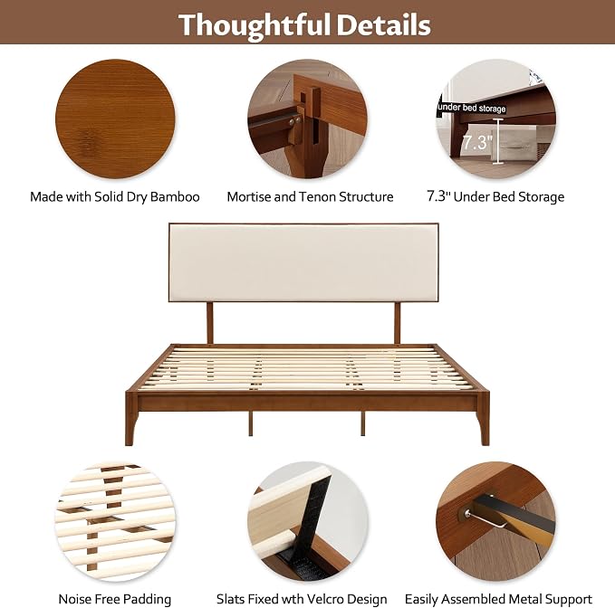 Merax King Size Bamboo Platform Bed, Mid-Century Modern Bed Frame with Upholstered Adjustable Headboard, Wood Slat Support, No Box Spring Needed, Easy Tool-Free Assembly, Brown+Beige