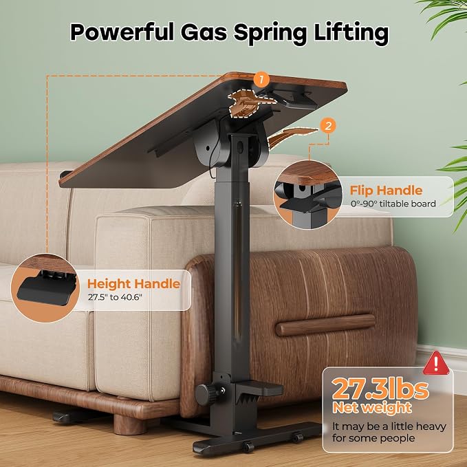 Foldable Mobile Standing Desk, 27 Inch Small Rolling Laptop Cart Height Adjustment, 90° Tiltable Bedside Table, No Assembly Needed Portable Computer Workstation, Dark Wood