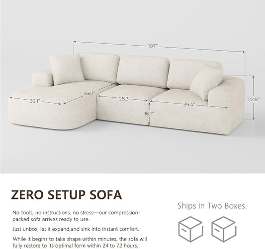 Dowinx 107'' Modular Sectional Sofa Couch with Chaise, No Assembly Required, Modern Bouclé-Inspired Upholstery, Convertible L-Shaped Design for Living Room – Ivory Beige