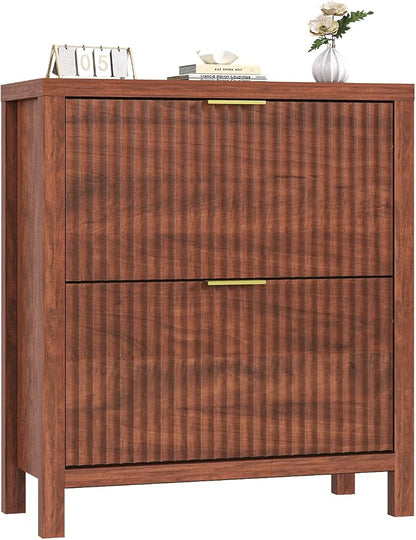 YOMILUVE Shoe Cabinet Storage for Entryway, Fluted Shoe Cabinet with 2 Flip Drawers, Hidden Shoe Rack Tall Freestanding Shoe Organizer with Legs for Hallway, Walnut