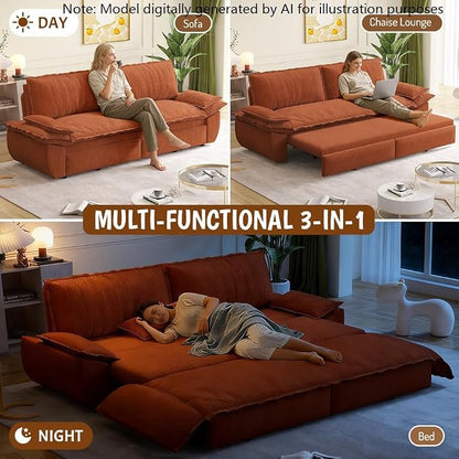 73.2" Sleeper Sofa Bed Queen, 3-in-1 Convertible Couch, Modern Pull Out Couches, Comfy Corduroy Futon Sofa, Cloud Loveseat Lounge, Pillow Arm for Small Spaces, Living Room, Apartment, Orange