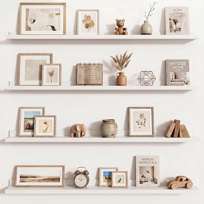 Axeman Picture Ledge Shelf | 48 Inch White Floating Shelves Set of 4 | Rustic Wood Wall Shelves with Lip | 48" White Picture Shelves for Wall with Ledge | Photo Shelves