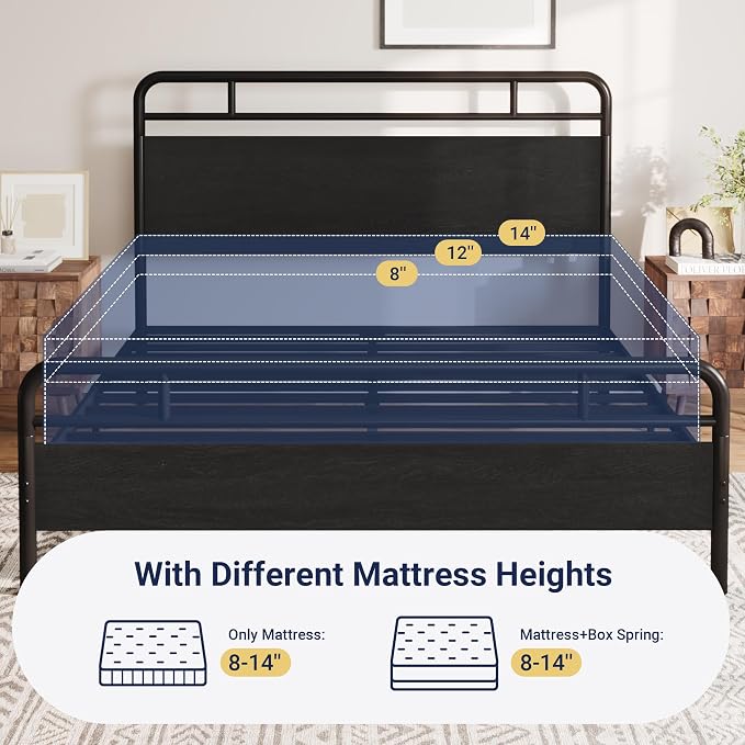 Allewie Queen Size Platform Bed Frame with Wooden Headboard and Footboard, Heavy Duty 13 Metal Slats Support, Under-Bed Storage, No Box Spring Needed, Noise Free, Easy Assembly, Black Oak