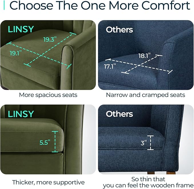 LINSY Accent Chair Set of 2, Velvet Barrel Chair with Ottoman, Modern Comfy Small Armchair for Small Spaces Reading Room Living Room Bedroom Kids Room Office, Olive