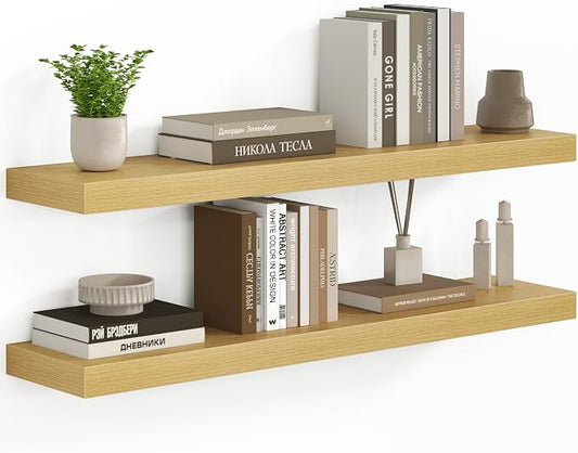 Fun Memories 36 Inch Floating Shelves - Deep Rustic Wooden Wall Shelves - Extra Deeper & Thicker Wall Mounted Storage Shelf for Bedroom, Kitchen, Farmhouse - 2 Pack, Oak