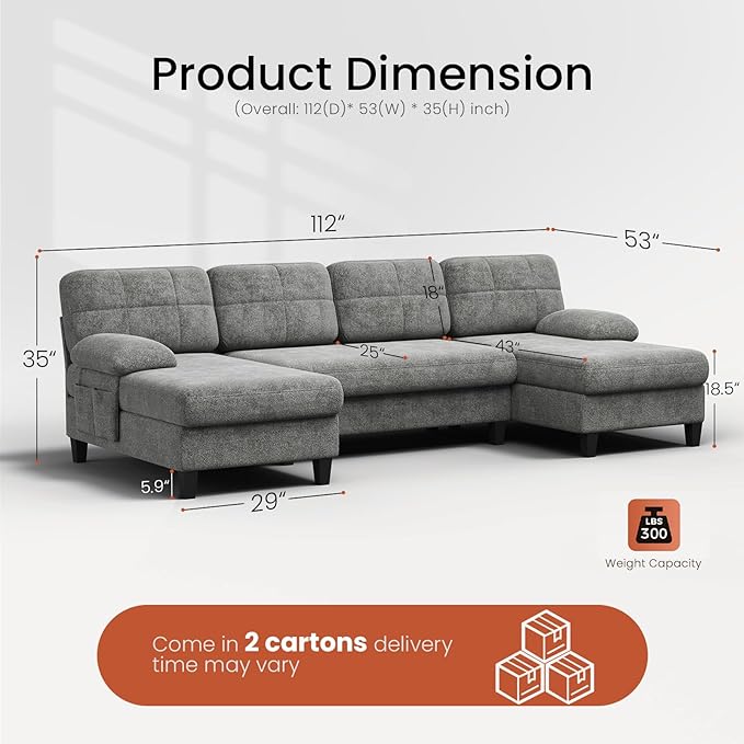 KKL U-Shaped Sectional Couch for Living Room, 112" Sectional Sofa with Double Chaise, Modern Sofa Deep Seat Couches for Living Room, Apartment, Office, Grey