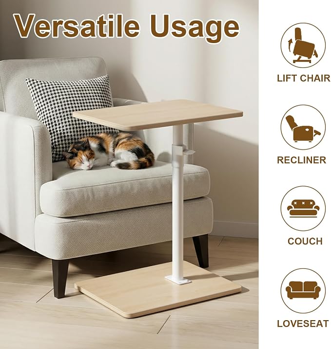 YUHFERA Sofa Armrest Tray Table for Couch - 360 Swivel Height Adjustable End Table for Small Spaces, Snack Side Table for Bed or Chair with Phone & Tablet Slot (Oak, Enlarged)