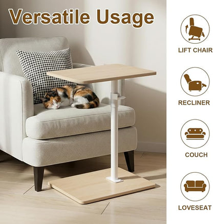 YUHFERA Sofa Armrest Tray Table for Couch - 360 Swivel Height Adjustable End Table for Small Spaces, Snack Side Table for Bed or Chair with Phone & Tablet Slot (Oak, Enlarged)