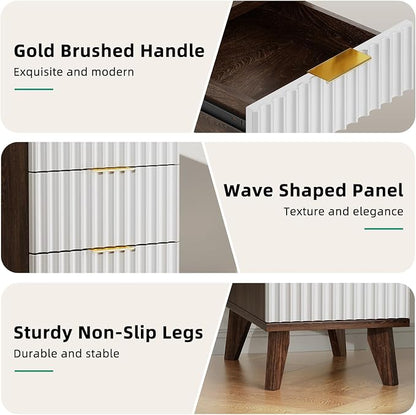 Kalrin Narrow Nightstand with Hidden Outlets & USB Ports, Modern Fluted Bedside Table with 3 Drawers, Engineering Wooden End Tables for Bedroom and Living Room(Brown & White)