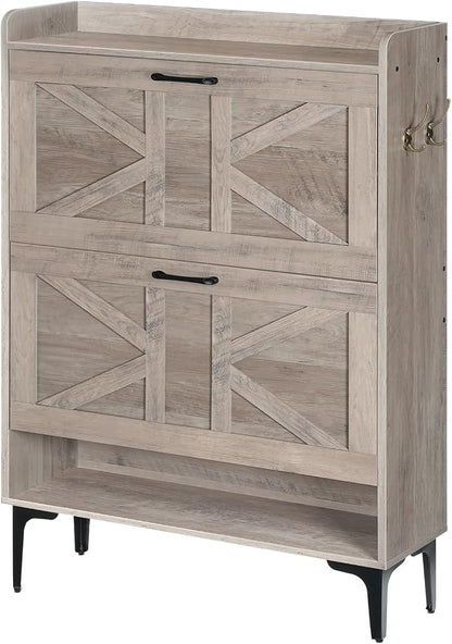 MAHANCRIS Shoe Storage Cabinet, Shoe Organizer with 2 Flip Drawers, Hidden Shoe Storage for Entryway, Freestanding Shoe Cabinet Organizer with Open Storages, Greige SHHG9401