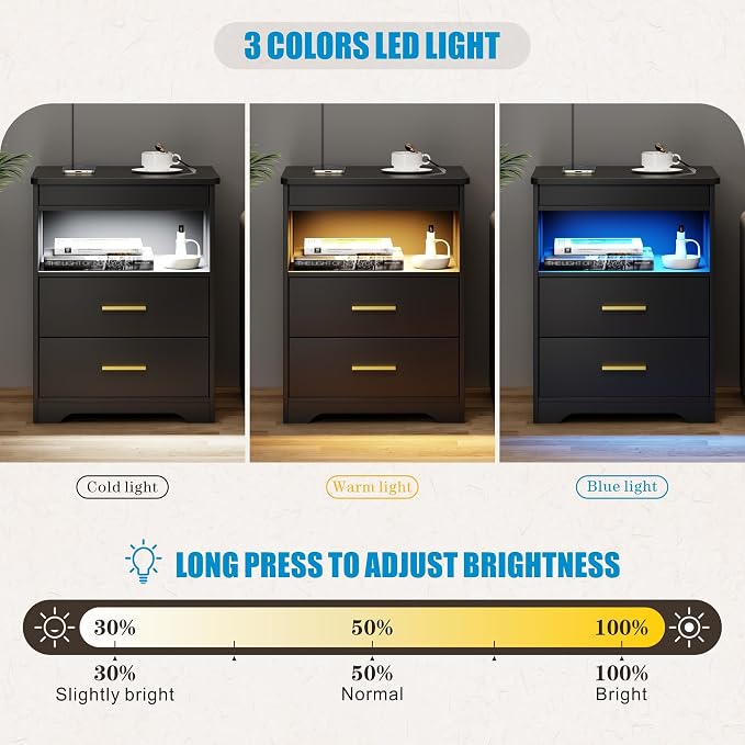 Nightstand with Gun Drawer, Charging Bedside Table with USB-A & Quick-Charge Type-C Port, LED Night Stand with Soft Glow Human Sensor Light, Modern End Table with Drawers for Bedroom Office, Black