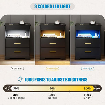 Nightstand with Gun Drawer, Charging Bedside Table with USB-A & Quick-Charge Type-C Port, LED Night Stand with Soft Glow Human Sensor Light, Modern End Table with Drawers for Bedroom Office, Black