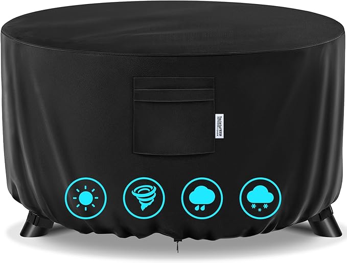 48" Round Fire Pit Cover – Heavy-Duty Waterproof Oxford, Buckle Straps, Air Vents & Drawstring – Windproof & UV-Resistant for Worry-Free Year-Round Protection on Patio Fire Pits & Tables
