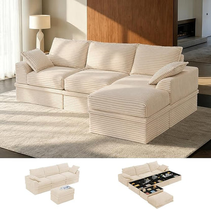 Upgrade Boneless Couch with Storage, Extra Deep&High Seat Modular Sectional Sofa 3 Seater L Shaped Cloud Couch with Ottoman, Tool-Free Assembly Sectional Couches for Living Room, Beige