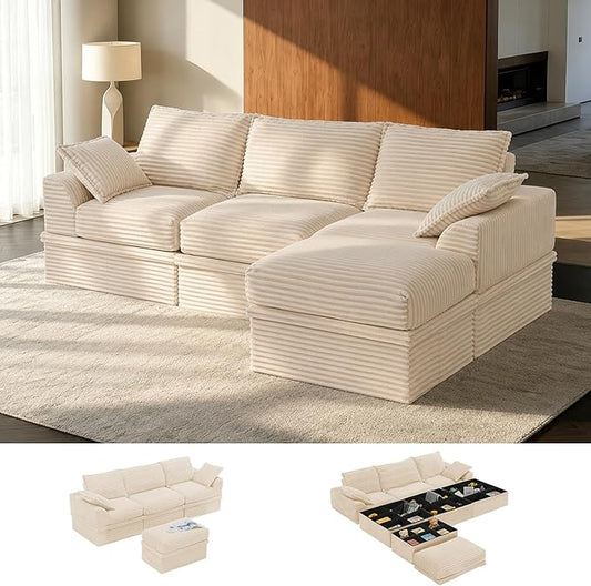Upgrade Boneless Couch with Storage, Extra Deep&High Seat Modular Sectional Sofa 3 Seater L Shaped Cloud Couch with Ottoman, Tool-Free Assembly Sectional Couches for Living Room, Beige