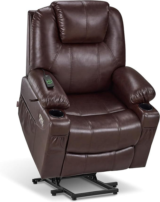 MCombo Electric Power Lift Recliner Chair Sofa with Massage and Heat for Elderly, 3 Positions, 2 Side Pockets, and Cup Holders, USB Ports, Faux Leather 7040 (Dark Brown, Medium)