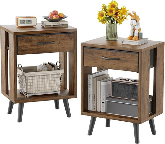 GYIIYUO Nightstand Set of 2 with Fabric Drawers and Open Shelves - Rustic Bedroom Side Tables