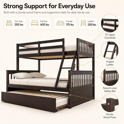 NAFORT Twin Over Full Bunk Bed with Trundle, Solid Wood Bunk Bed Frame, Ladder & Guardrails, Converts to 2 Platform Beds for Kids/Teens/Guests (Espresso, Twin Over Full with Trundle)
