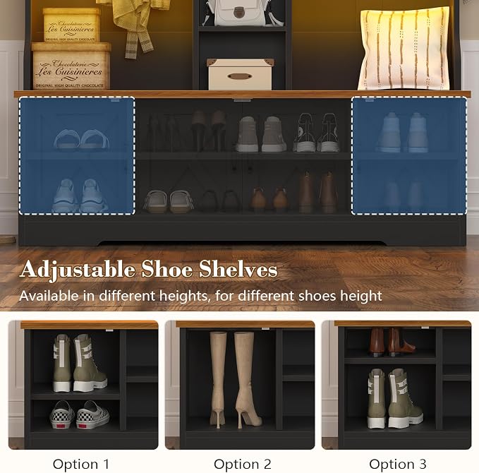 CSZZD Hall Tree with Bench and Shoe Storage, Farmhouse Entryway Bench with Coat Racks and Led Lights, Black Large Hall Tree with 12 Coat Hooks, 8 Storage Cubbies, Adjustable Shelf