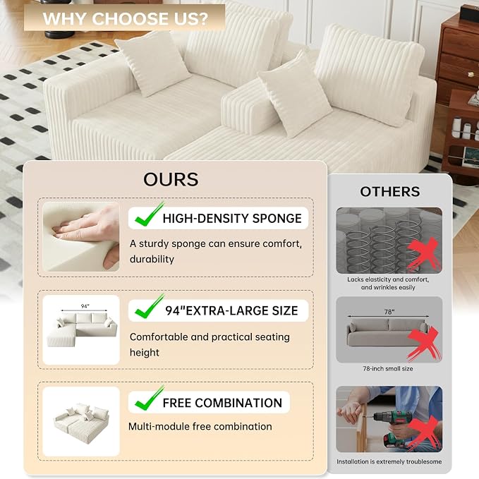 Cloud Boneless Sectional Cream Couches with Oversized Chaise for Living Room, Modular L Shaped Couch with Deep Seat, Memory Foam Compressed 3 Seater Sofa for Apartment