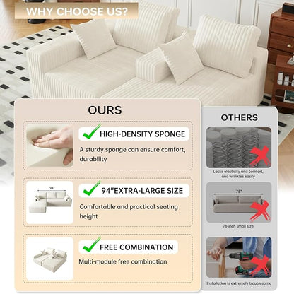 Cloud Boneless Sectional Cream Couches with Oversized Chaise for Living Room, Modular L Shaped Couch with Deep Seat, Memory Foam Compressed 3 Seater Sofa for Apartment