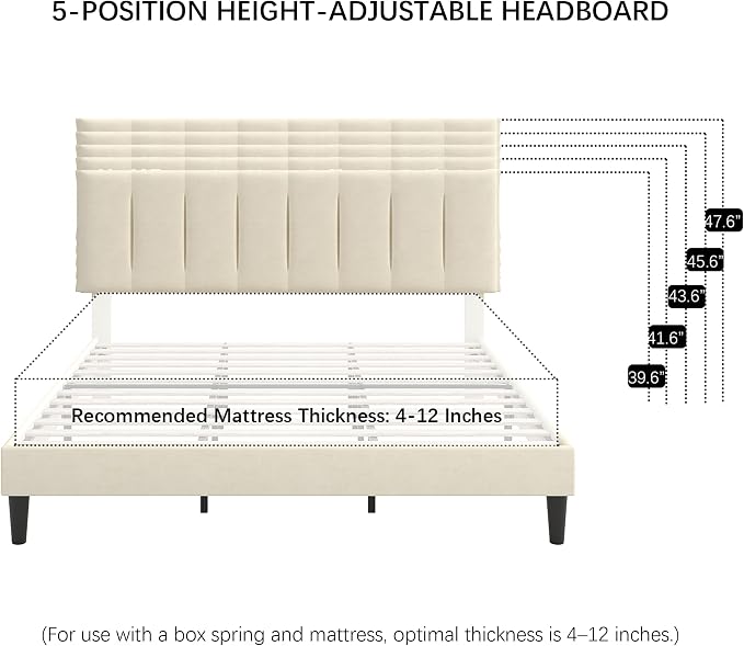 VECELO King Size Bed Frame with Upholstered Headboard, Heavy-Duty Bedframe with Strong Wooden Slats Support, No Boxing Spring Needed, Pale Beige
