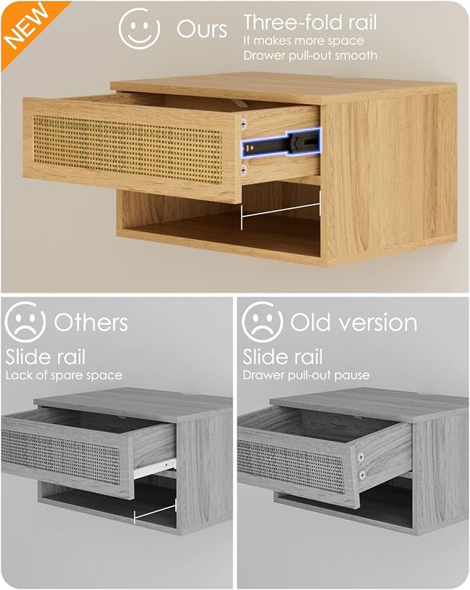 Floating Nightstand, Small Modern Floating Nightstand with Drawer, Floating Shelves for Bedroom, Bathroom (Oak Rattan)
