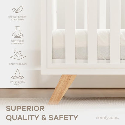 Comfy Cubs Baby Crib for 0 to 3 Years - Adjustable Mattress Height, Natural Wooden Crib for Baby, Elegant Nursery Furniture - 80 lbs Capacity Nursery Bed - White Bars and Frame with Natural Wood Leg