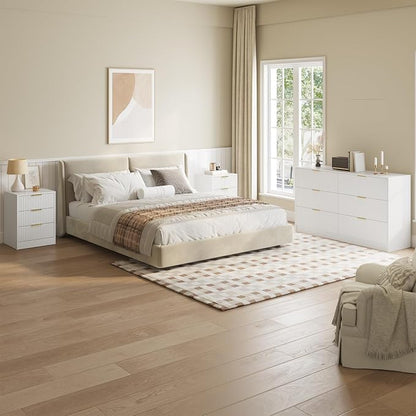 55" Long Dresser and Nightstand Set 3-Piece, 6 Drawer Dressers & Night Stand Set of 2 with Metal Handle, Fluted Modern Wood Chest of Drawers Storage Dressers Set for Bedroom, White