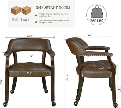 LEEMTORIG Set of 8 Large Dining Chairs with Casters and Arms, Rolling Dining Chairs with Wheels, Wood Boss Caption's Chairs, 26" D x 25.2" W x 31.5" H, Espresso Legs & Choalate PU, XXY-1910-BN