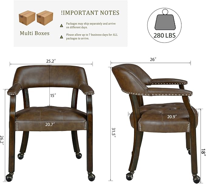 LEEMTORIG Set of 2 Large Dining Chairs with Casters and Arms, Rolling Dining Chairs with Wheels, Wood Boss Caption's Chair, 26" D x 25.2" W x 31.5" H, Espresso Legs & Choalate PU, XXY-1910-BN