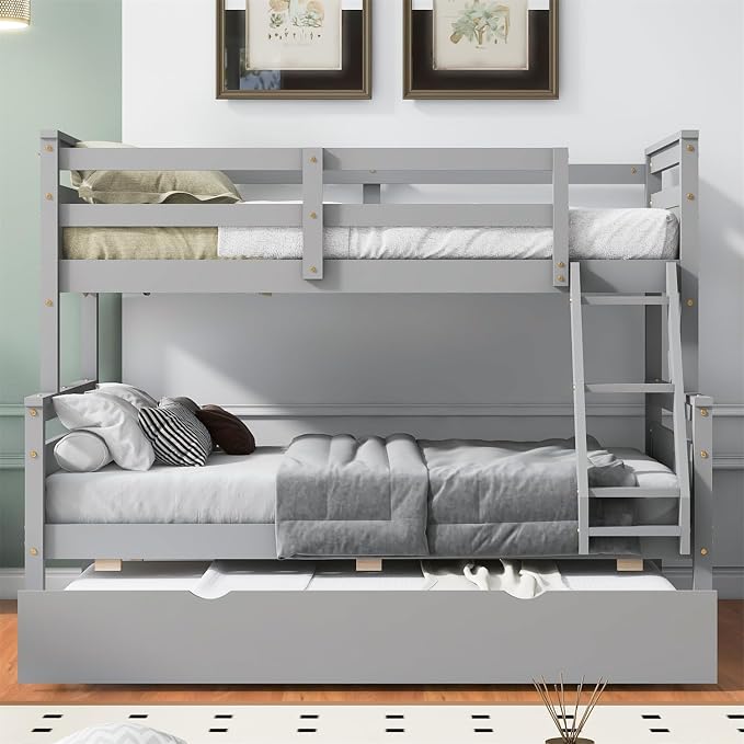 Merax Trundle Bunk Bed, Twin Over Full Wood Bunk Bed with Twin Size Trundle and Ladder, 3-in-1 Convertible to 2 Separate Beds, Solid Wood Frame with Guardrail, Grey