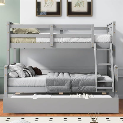 Merax Trundle Bunk Bed, Twin Over Full Wood Bunk Bed with Twin Size Trundle and Ladder, 3-in-1 Convertible to 2 Separate Beds, Solid Wood Frame with Guardrail, Grey