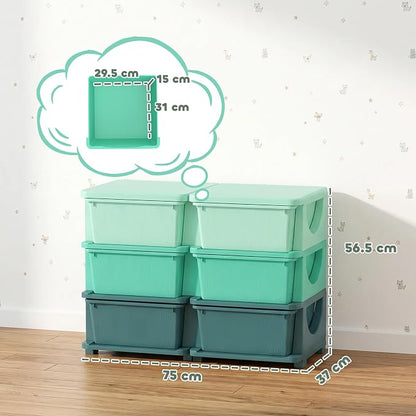 Qaba 6 Drawers Kids Storage Unit, 3 Tier Stackable Toy Organizers and Storage Chest for Bedroom, Nursery, Playroom, Living Room, Boys, Girls, Toddlers, Green