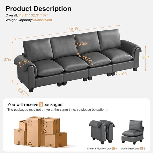 118" Faux Leather Modular Sectional Upholstered Sofa, Oversized 4 Seater Couch with Curved Armrests, Cloud Modern Upholstered Deep Seat Sofa for Living Room, Grey