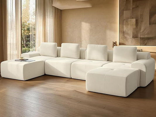 159" U Shaped Oversized Boneless Couch, Comfort Cloud Sectional Couches for Living Room, Modular Sofa High Back & Extra Deep Seat, No Assembly, Soft Chenille(Warm White, 159 inch-U shaped（4+2）)
