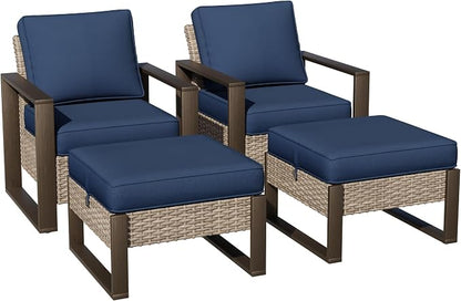 Joyside Outdoor Patio Chairs, 4 Pieces Wicker Rattan Furniture Set, 2 Patio Chairs and 2 Ottoman, Metal Wide Armrest, Thick Cushions and Deep Seating for Garden, Backyard, Porch, Deck