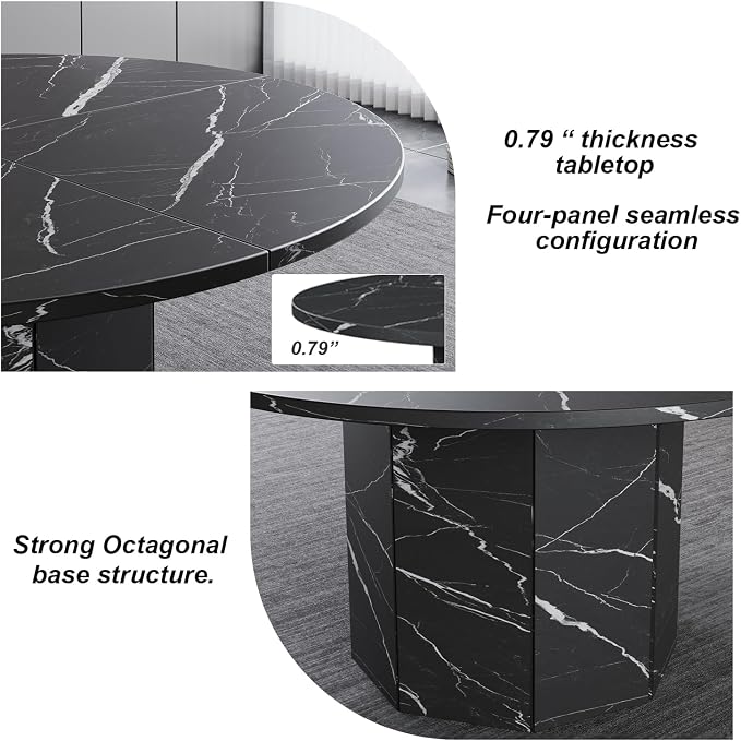HSH Round Dining Table for 4-6 People, 47” Black Faux Marble Kitchen Table only, Modern Wooden Dinner Table for Living Dining Room with Octagon Base, Black Faux Marble, 47 Inch