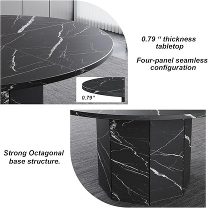 HSH Round Dining Table for 4-6 People, 47” Black Faux Marble Kitchen Table only, Modern Wooden Dinner Table for Living Dining Room with Octagon Base, Black Faux Marble, 47 Inch