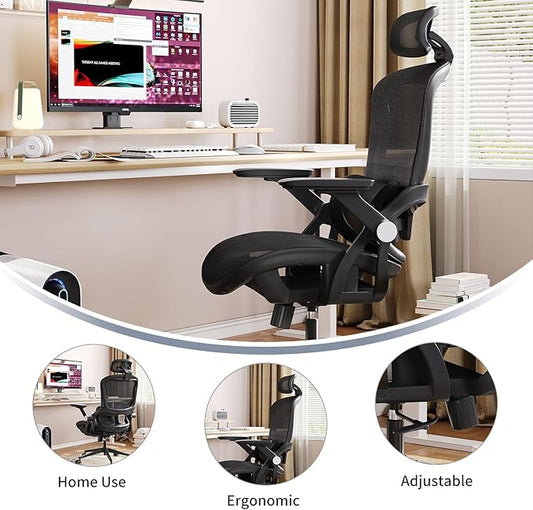 Office Chair Ergonomic Desk Chair with Lumbar Support&Headrest&Flip-up Arms Height Adjustable Rocking Swivel High Back Computer Chair Multi-Angle from 90° to 130° with 350LBS Capacity(04black)